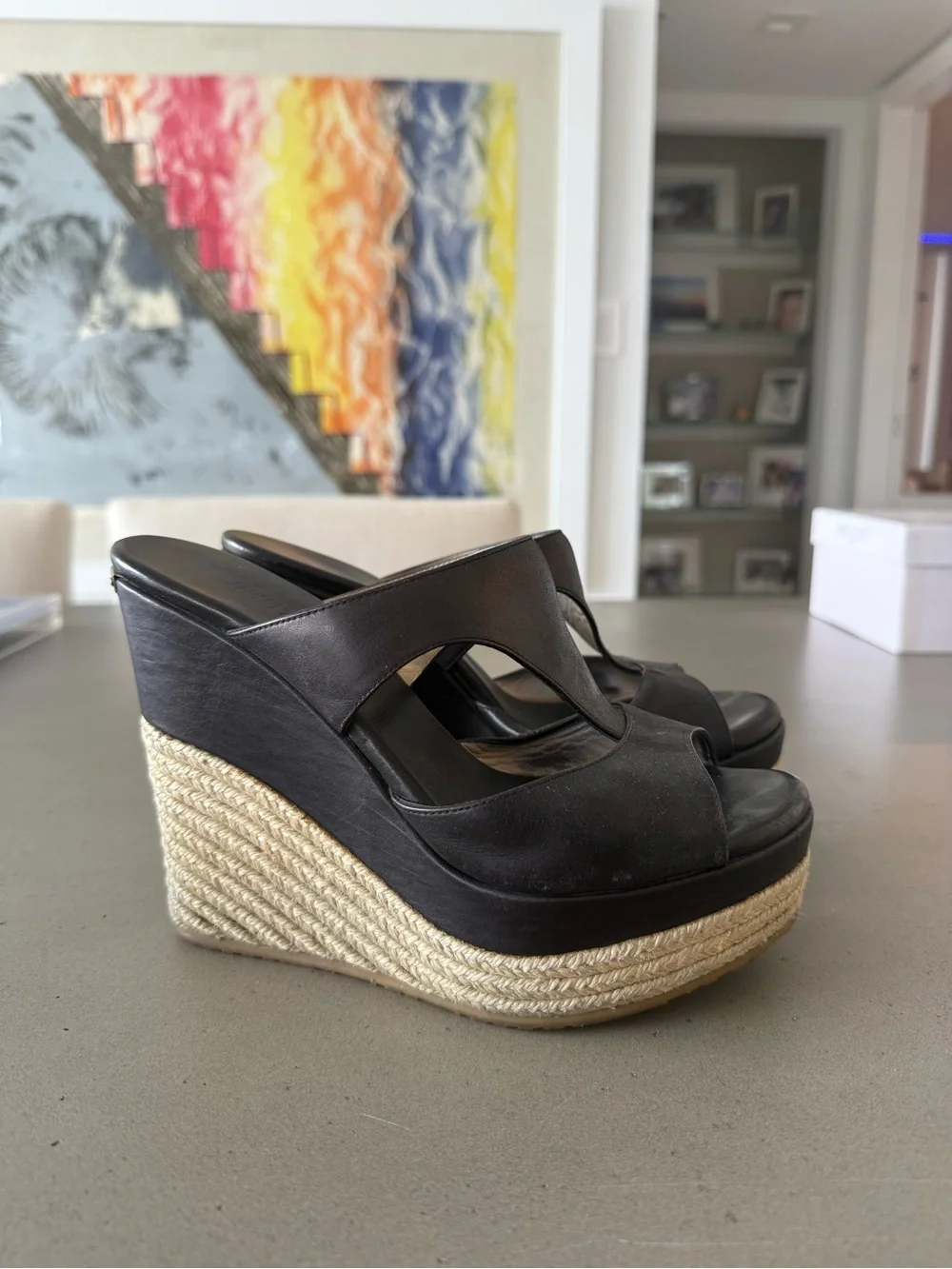 Black Leather Espadrille Platform Mule - Women's Shoes